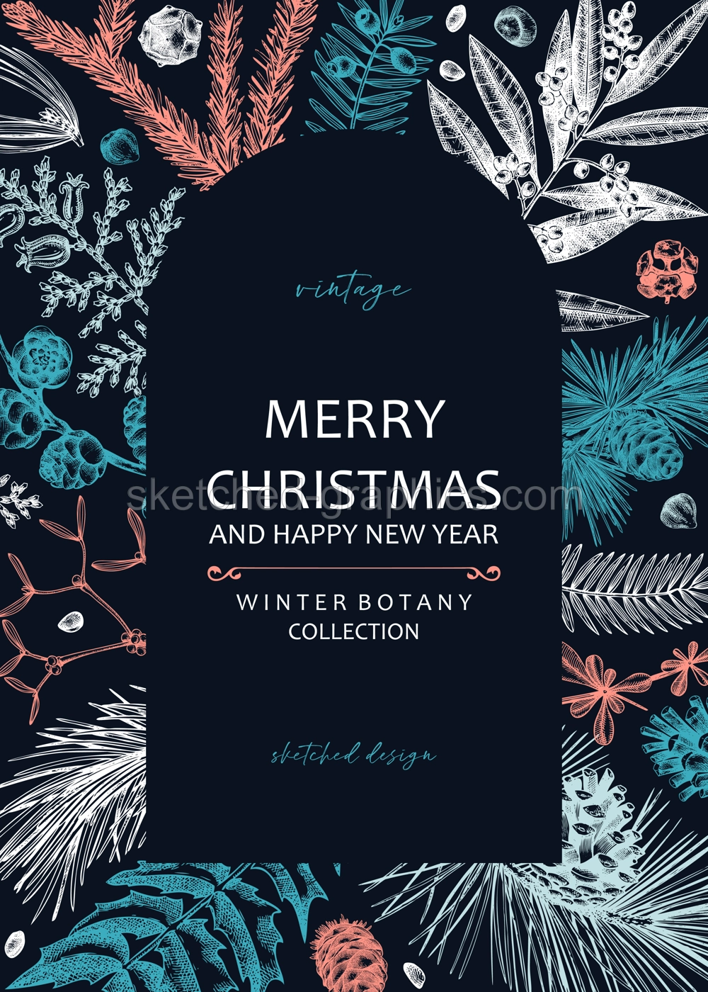 Merry Christmas card  on chalkboard with evergreen plants, conifers, and nuts drawing. Winter design with hand-drawn botanical illustrations. Vintage Christmas background, New Year invitation template Illustration